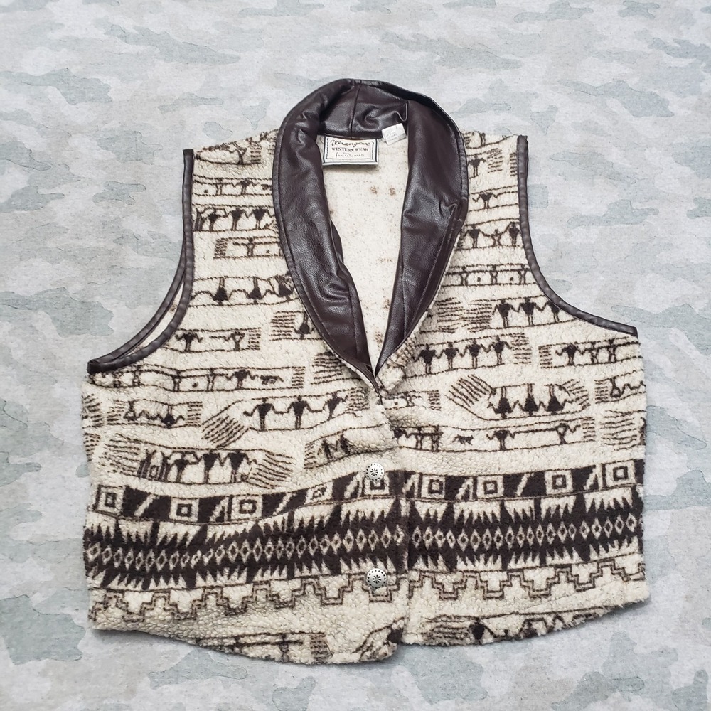 VTG Wrangler Western Wear Vest Womens Large Brown Aztec Faux Leather Collar